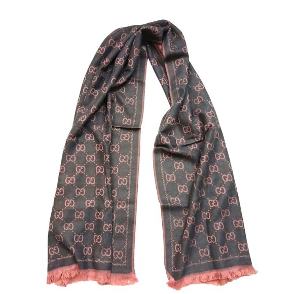 GUCCI Vintage Grey Light Pink Cashmere Silk Shawl Wrap Scarf